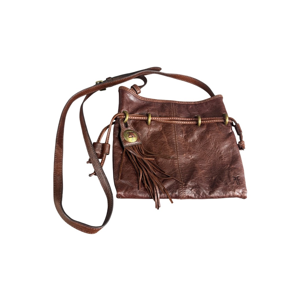 Frye Brown Leather Drawstring Crossbody Bag with Tassel and Brass Hardware